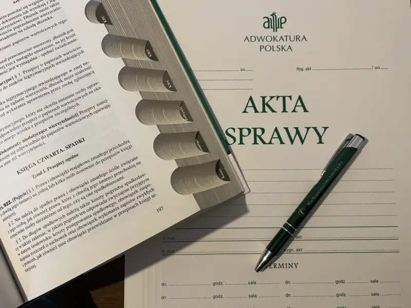 Księga spadki, akta sprawy i długopis Wielkopolskiej Izby Adwokackiej. Dokumenty dotyczące spadkodawcy i jego majątku.
