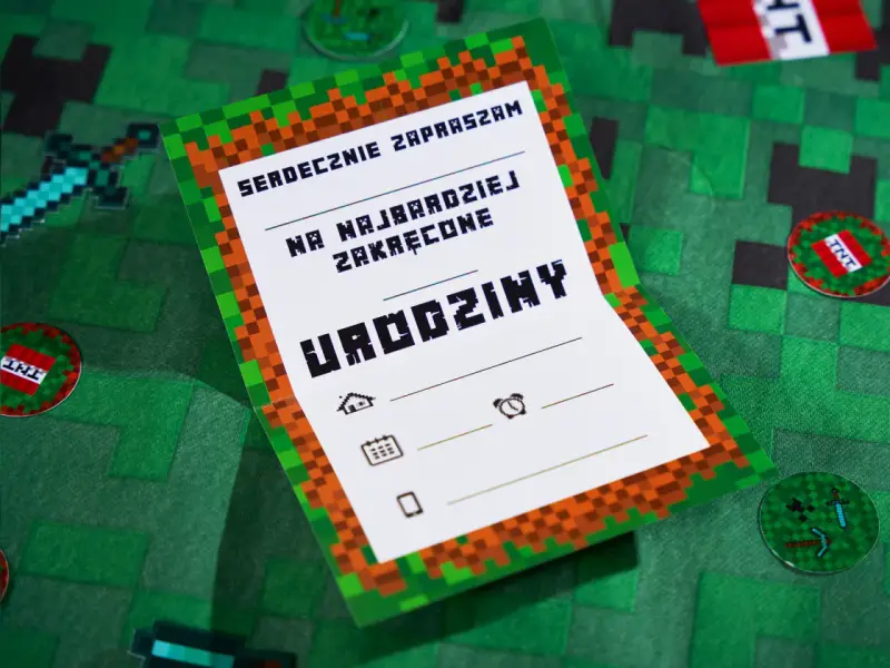 Zaproszenia na urodziny w stylu Minecraft. Jak przygotować zaproszenia na urodziny dla dzieci z postaciami z bajek i gry? Pikselowe detale i ikony gry.
