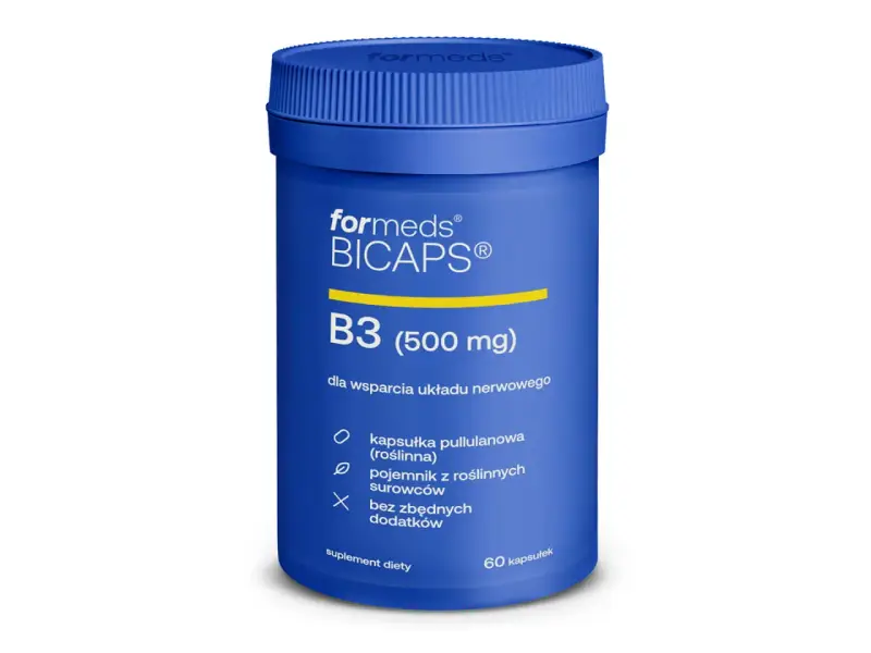 Niebieski pojemnik suplementu diety Formeds BICAPS B3 (500 mg), zawierający witaminę PP dla wsparcia układu nerwowego. 60 kapsułek.