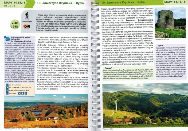 Widok na malownicze **góry Beskidy** z wiatrakiem i lasami. W oddali ruiny zamku w Rytrze.