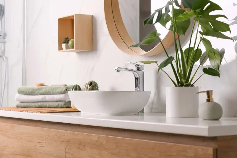Plan de travail de salle de bain moderne avec vasque, robinetterie chromée, serviettes pliées et plante verte. La hauteur du plan de travail est idéale.