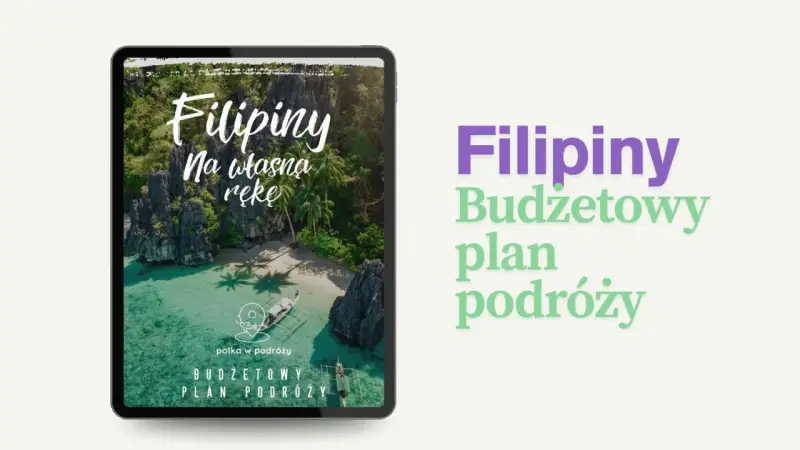 Filipiny na własną rękę – budżetowy plan podróży. Tropikalna wyspa z palmami i łodzią na turkusowej wodzie.
