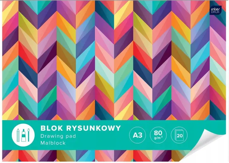 Kolorowy blok rysunkowy z motywem jodełki, idealny do szkolnej wyprawki. Format A3, 80 g/m², 20 kartek.
