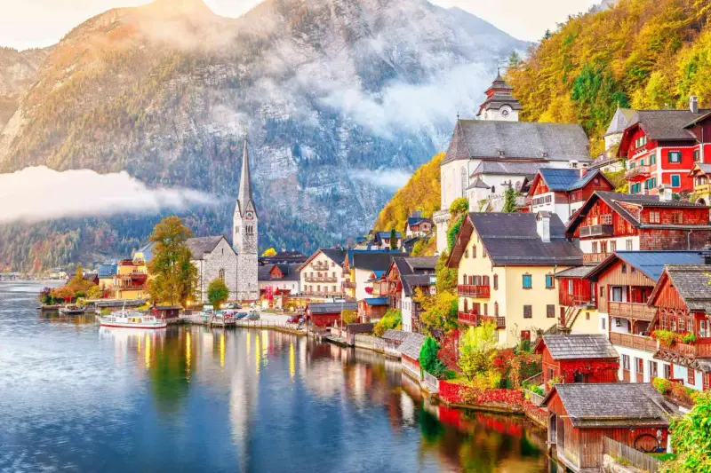 Scenic Hallstatt, Austria, a picturesque village nestled by a lake, perfect for a train journey from Prague.