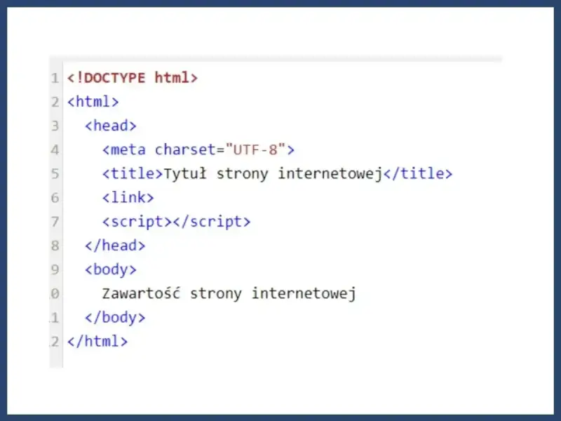 Fragment kodu HTML z podstawową strukturą strony: doctype, html, head (z meta, title, link, script) i body. To prosty komentarz do kodu.