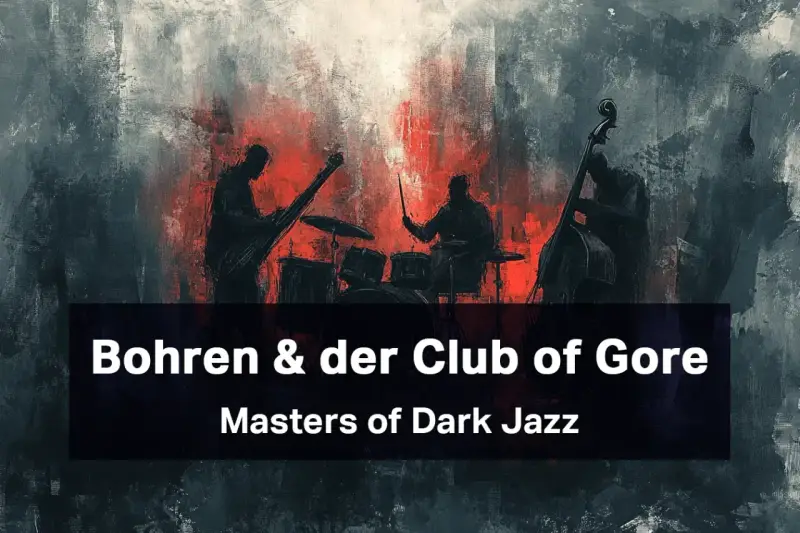 Silhouettes muzyków zespołu Bohren & der Club of Gore na tle mrocznego, abstrakcyjnego obrazu z czerwonymi akcentami.