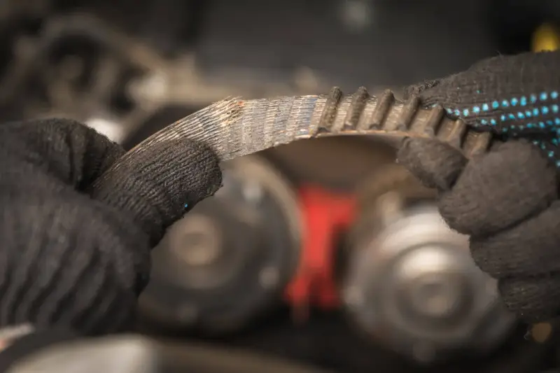Zużyty pasek klinowy w rękach mechanika, przygotowanie do wymiany.