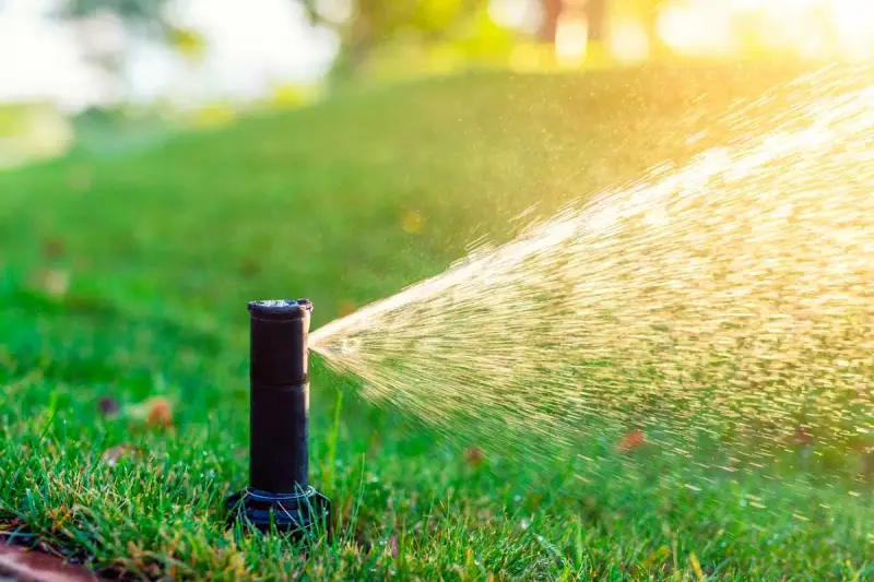 Aspersor de riego automático en acción, rociando agua sobre césped verde bajo la luz del sol.