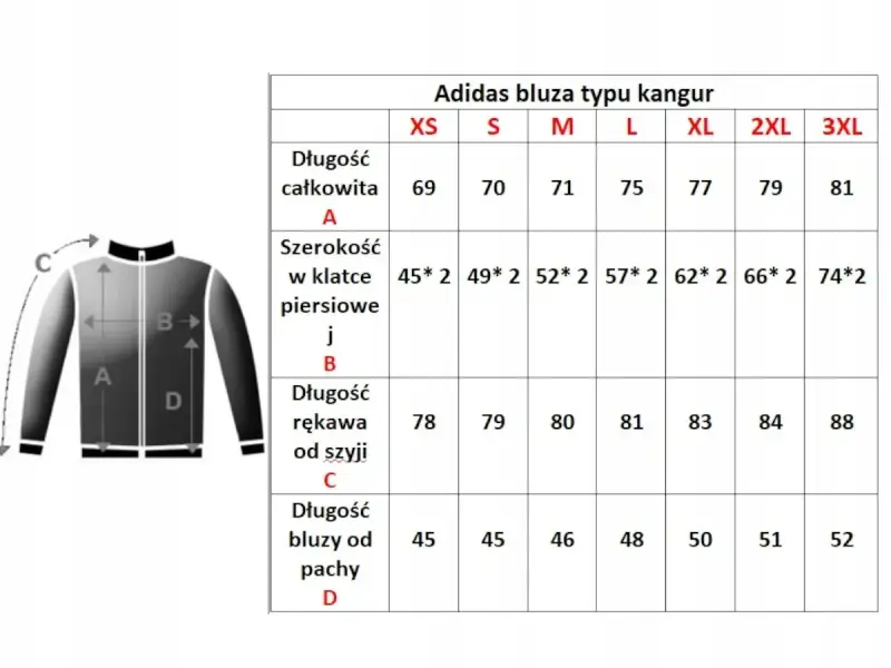 Tabela rozmiarów bluzy Adidas kangur. Rozmiar 56 męski odpowiada XL, gdzie szerokość w klatce to 62*2, a długość rękawa od szyi 83.