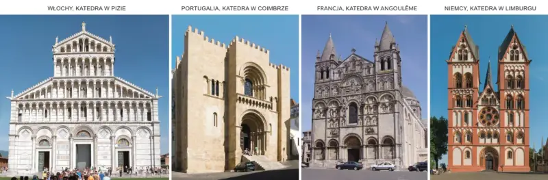 Cztery katedry w stylu romańskim: w Pizie, Coimbrze, Angoulême i Limburgu.