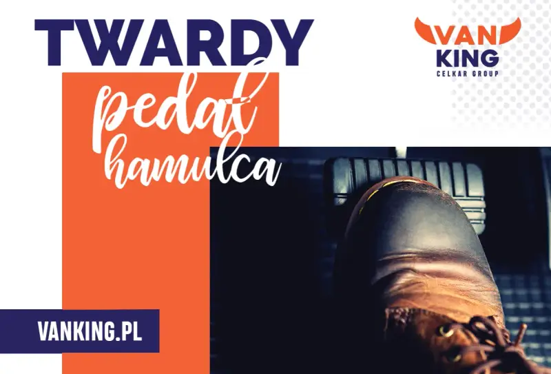 Twardy pedał hamulca. But na pedale, tekst "TWARDY PEDAL HAMULCA", logo Vanking.pl.