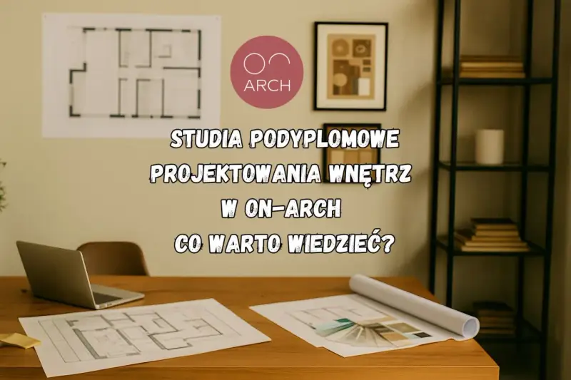 Biurko z laptopem i planami architektonicznymi. Tytuł: Studia podyplomowe projektowania wnętrz w ON-ARCH. Co warto wiedzieć?