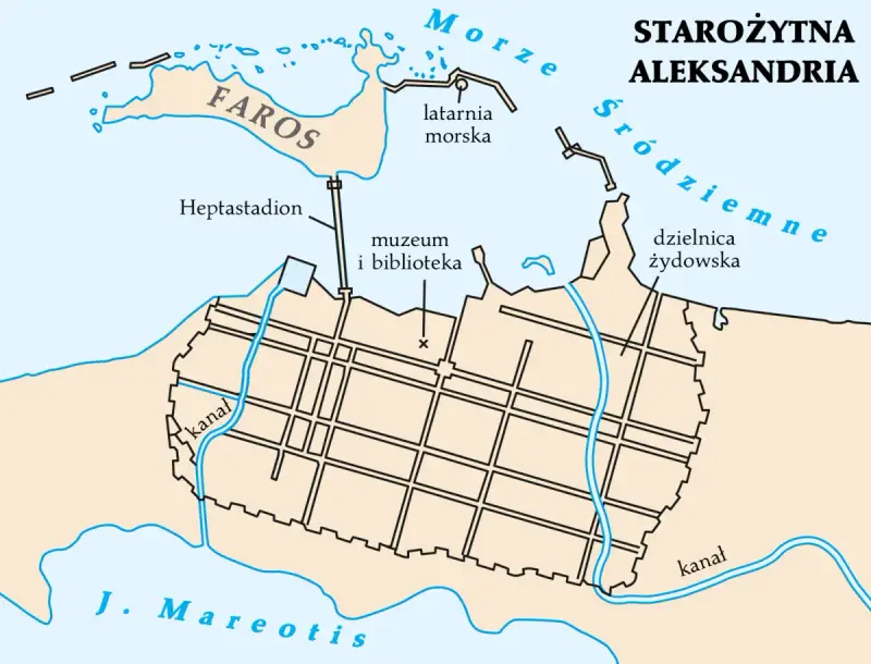 Mapa starożytnej Aleksandrii pokazuje, gdzie leży miasto: nad Morzem Śródziemnym, z portem, latarnią morską, Heptastadionem i dzielnicą żydowską.