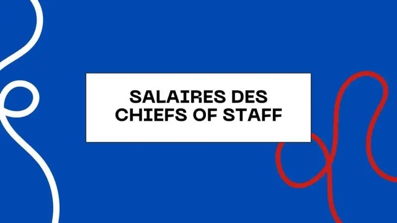 Le texte "SALAIRES DES CHIEFS OF STAFF" apparaît sur un fond bleu avec des formes abstraites blanches et rouges.