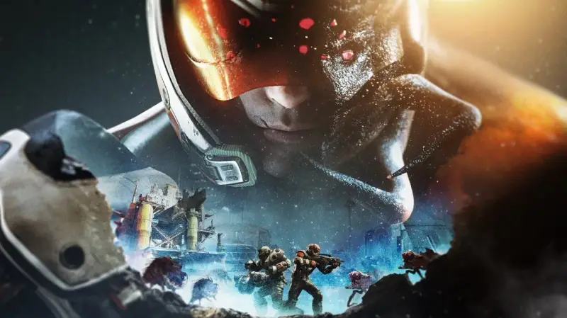 Żołnierze walczą z potworami w mroźnym krajobrazie, podczas gdy gigantyczna postać w hełmie obserwuje ich z góry. To kluczowy moment w grze Phoenix Point.