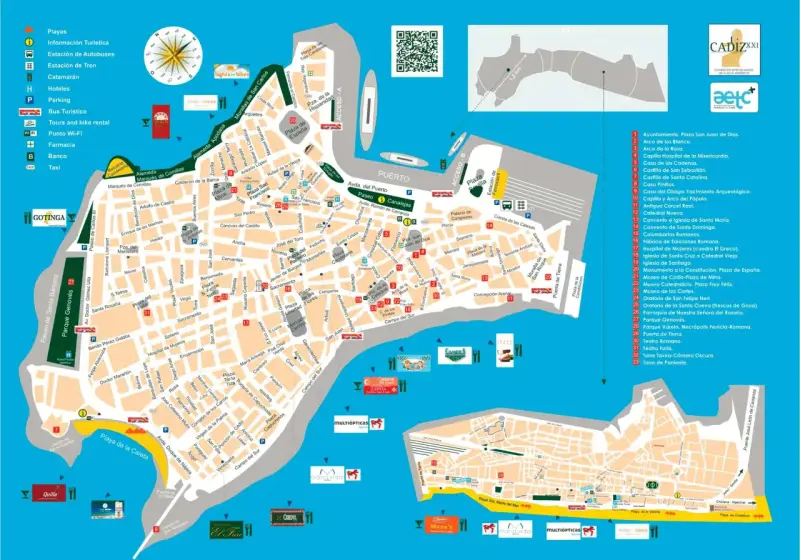 Mapa de Cádiz con puntos de interés, ideal para saber qué hacer en Cádiz con niños: playas, museos, parques y monumentos.