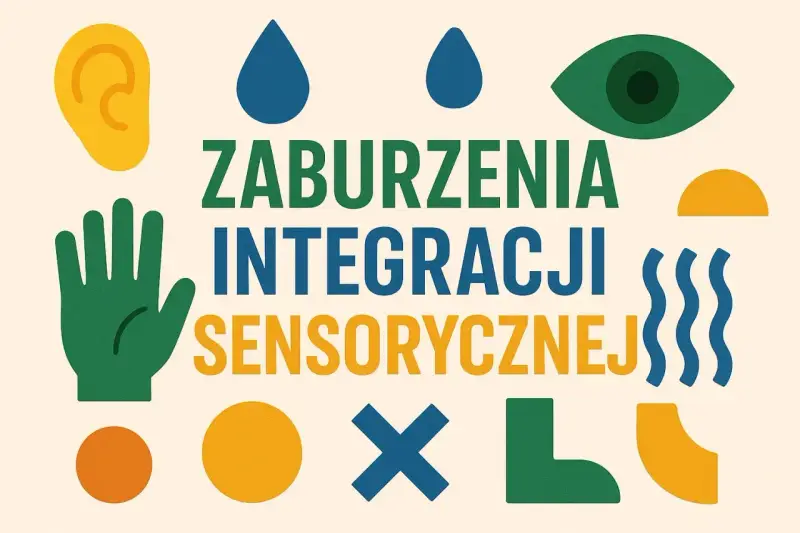 Grafika z napisem "Zaburzenia integracji sensorycznej". Obok symbole ucha, dłoni, kropli, oka, fal i kształtów geometrycznych.