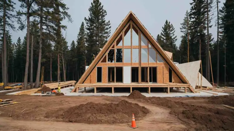 Maison en A en construction, un projet d'aide pour travaux fait soi-même. Bois, fenêtres et terrain en chantier.