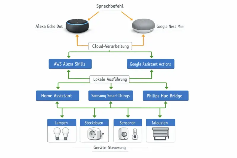Das Diagramm zeigt, was Alexa ist: Ein Sprachbefehl wird über die Cloud verarbeitet und kann lokale Geräte wie Lampen steuern.