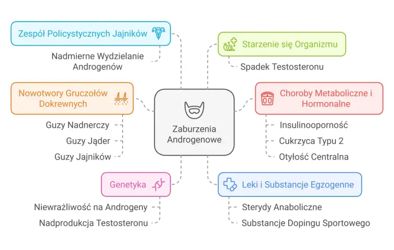 Schemat przedstawia przyczyny zaburzeń androgenowych, w tym choroby metaboliczne i hormonalne, nowotwory, genetykę, leki i starzenie się organizmu.