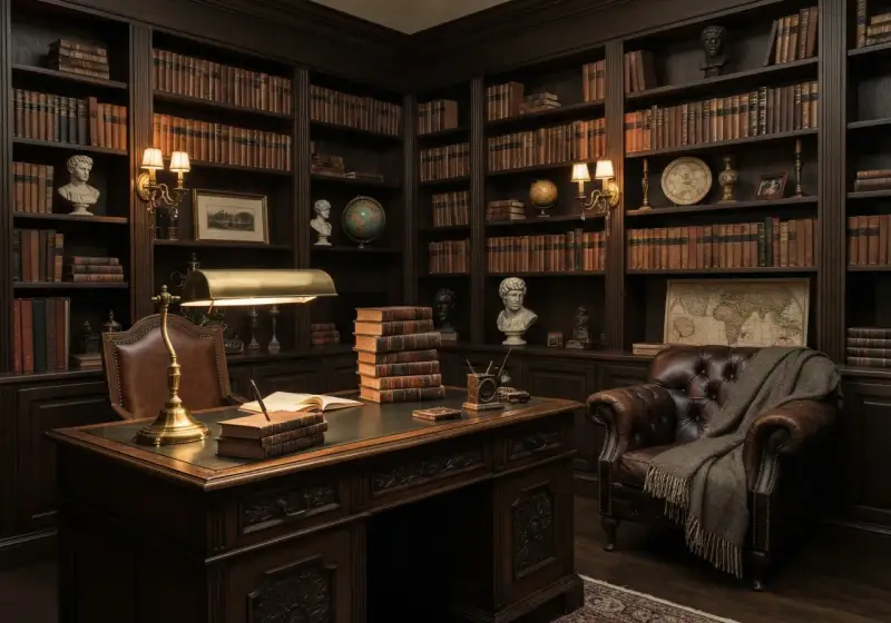 Mroczna biblioteka w stylu "dark academia" z mahoniowym biurkiem, skórzanym fotelem i regałami pełnymi książek. Idealna zastawa stołowa powinna być stonowana, z ciemnych materiałów, np. ceramiki lub metalu, nawiązując do klasyki i elegancji.