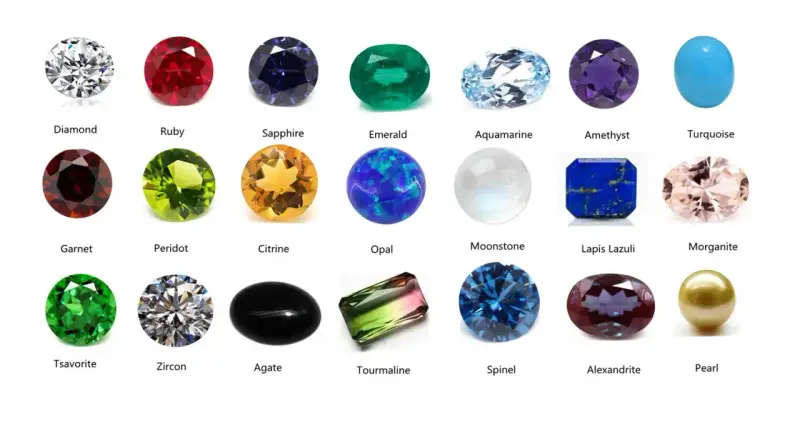 A collection of colorful gemstones, including a clear diamond, red ruby, blue sapphire, green emerald, and a pinkish morganite, a type of feldspar gemstone.