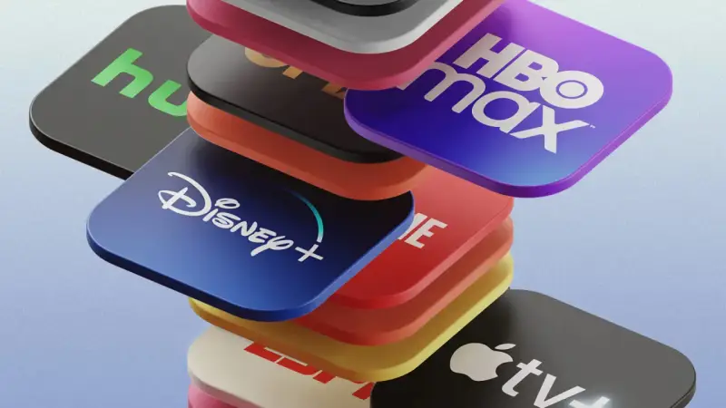 Stos ikon serwisów streamingowych: Disney+, HBO Max, Hulu, Apple TV+ i inne.