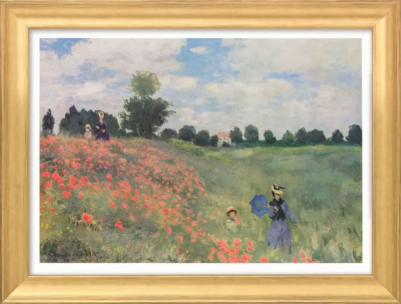 Tableau impressionniste de champs de coquelicots avec deux femmes et un enfant profitant d'une promenade ensoleillée.