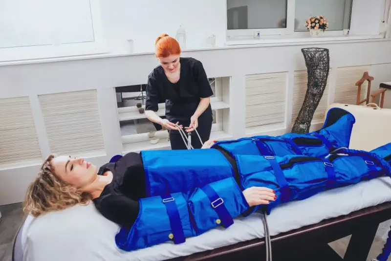 Kobieta w salonie piękności przechodzi zabieg drenażu limfatycznego. Terapeuta przygotowuje urządzenie do masażu uciskowego.
