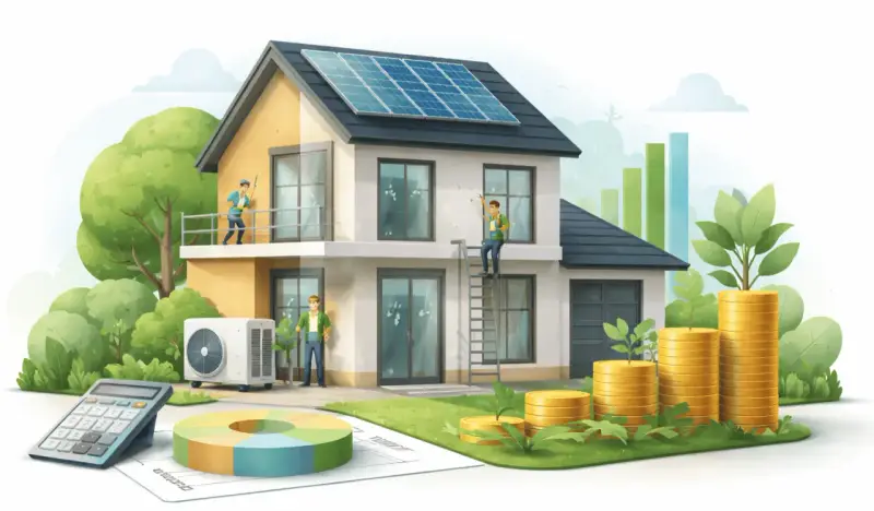 Casa con pannelli solari, condizionatore e operai che lavorano. Grafici, monete e calcolatrice suggeriscono i massimali ecobonus per il risparmio energetico.