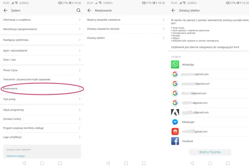 Szukasz sposobu, jak usunąć konto na Gmail? Na ekranie widać opcję "Resetowanie" w ustawieniach telefonu, która może pomóc w usunięciu kont.