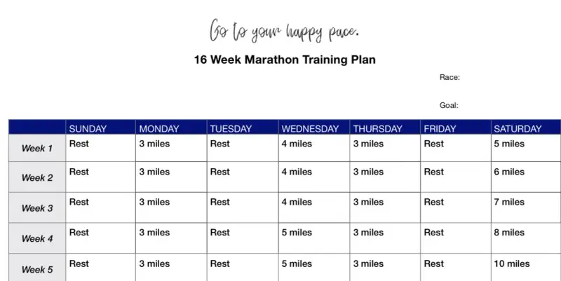 Ein 16-Wochen-Marathon-Trainingsplan mit täglichen Laufdistanzen und Ruhetagen. Perfekt für dein Marathon-Training!