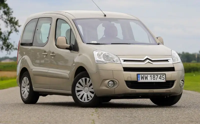 Beżowy Citroen Berlingo 1.6 HDI na drodze, z zielonym polem w tle.