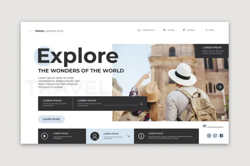 Strona główna podróży z hasłem "Explore The Wonders of the World". Ten **layout co to** zachęca do odkrywania świata.