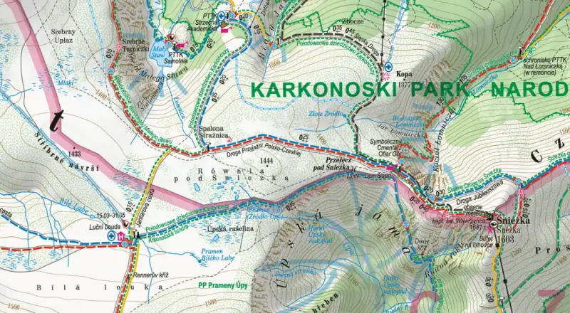 Mapa Karkonoszy, części Sudetów, z zaznaczonymi szlakami, schroniskami i szczytami, w tym Śnieżką.