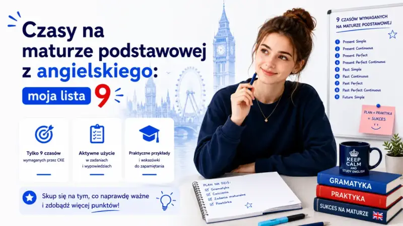 Dziewczyna uczy się do matury z angielskiego, skupiając się na 9 czasach, w tym na **future simple**. Na tablicy lista czasów, a obok książki i kubek z napisem "Keep calm and study English".