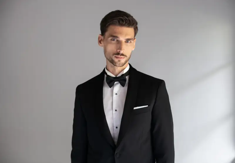 Elegancki mężczyzna w czarnym smokingu z białą poszetką. Dowiedz się, jak dobrać poszetkę do stylizacji.