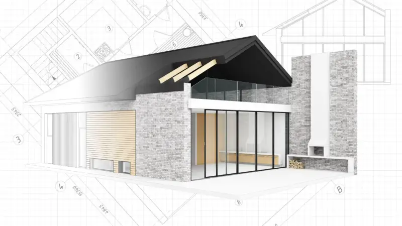 Nowoczesny dom z kamienia i drewna, z dużymi przeszkleniami, na tle planów architektonicznych. Zmiany nieistotne prawo budowlane.
