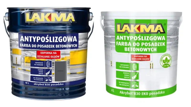 Dwie puszki farby LAKMA Antypoślizgowa do posadzek betonowych. Szukasz idealnej farby do betonu na zewnątrz? Ta jest odporna na oleje i ścieranie.