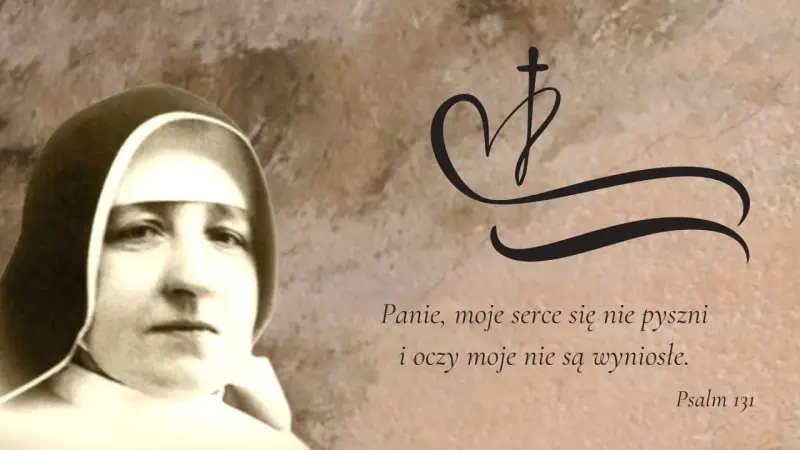 Siostra zakonna, symbol serca z krzyżem i cytat z Psalmu 131. Jej powołanie to pokora i służba.