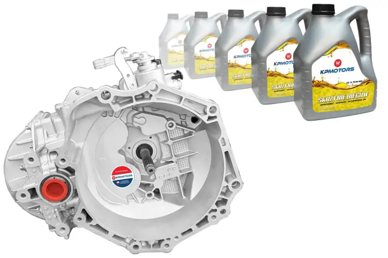 Skrzynia biegów do 1.7 CDTI, obok butelki oleju KPMOTORS.