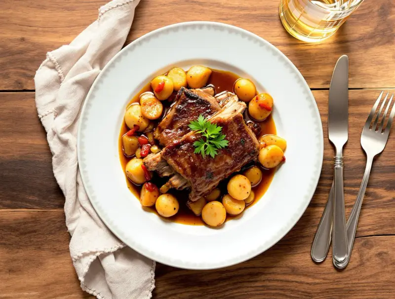 Travers de porc au barbecue Weber, tendres et juteux, servis avec des pommes de terre rôties et une sauce savoureuse. Le temps de cuisson parfait pour un délice.