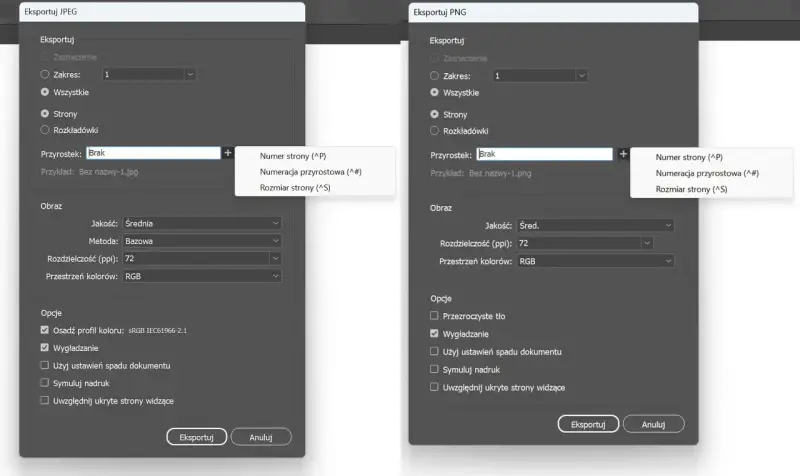 Ustawienia eksportu pliku png: jakość średnia, rozdzielczość 72 ppi, przestrzeń kolorów RGB. Opcje obejmują wygładzanie.