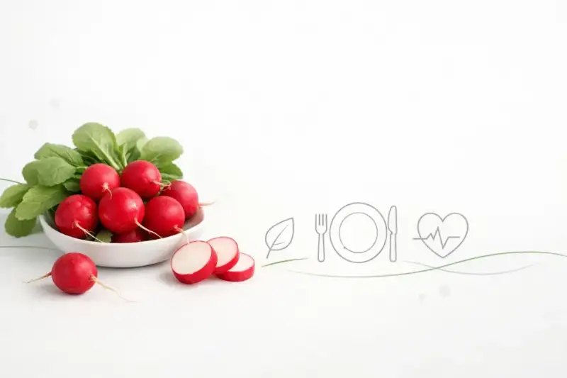 Świeże rzodkiewki w misce, symbolizujące zdrową dietę i niską rzodkiewka kcal. Obok ikony talerza, sztućców i serca.