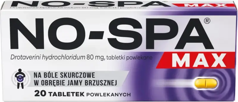 Opakowanie leku NO-SPA MAX na bóle skurczowe jamy brzusznej. 20 tabletek powlekanych.