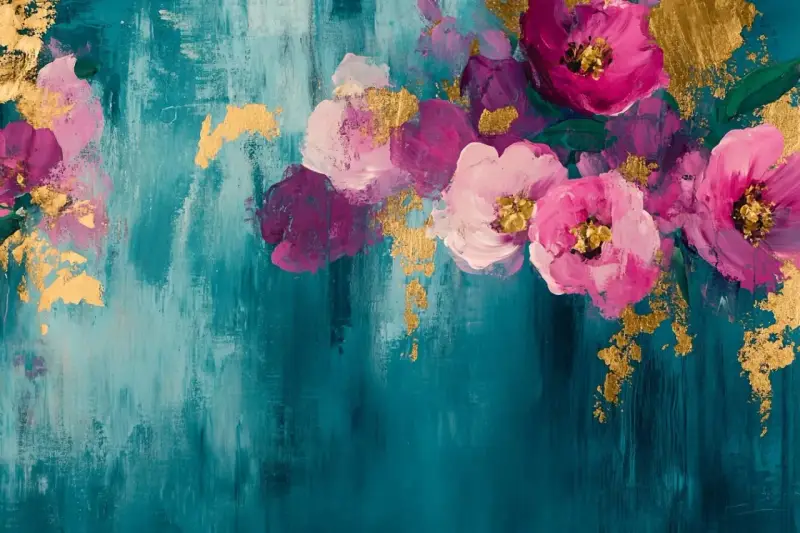 Peinture abstraite avec des fleurs roses et violettes sur fond bleu sarcelle, rehaussée de touches dorées.