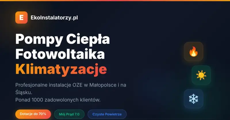 Pompy ciepła, fotowoltaika, klimatyzacje. Profesjonalne instalacje OZE. Program Czyste Powietrze 2025 wspiera ekologiczne rozwiązania.