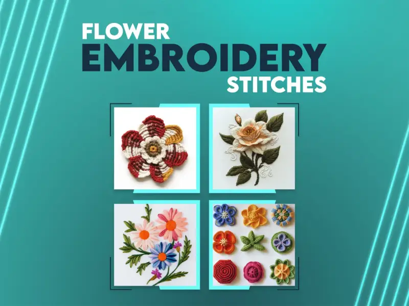 Varietà di fiori da ricamare a punto erba, con petali colorati e dettagli intricati.