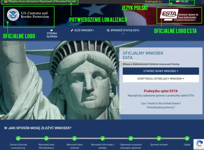 Oficjalna strona ESTA, gdzie można złożyć wniosek o wizę turystyczną USA.