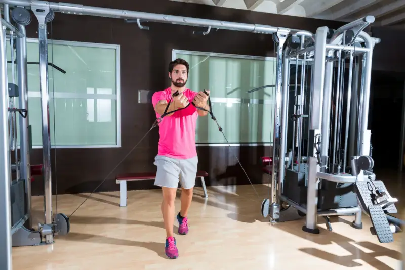 Man tränar bröstmusklerna med cable flyes i ett modernt gym.